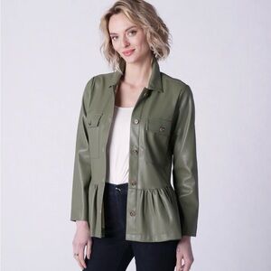 WynneLayers Comfort Stretch Twill Pleated Peplum Jacket Olive Green
